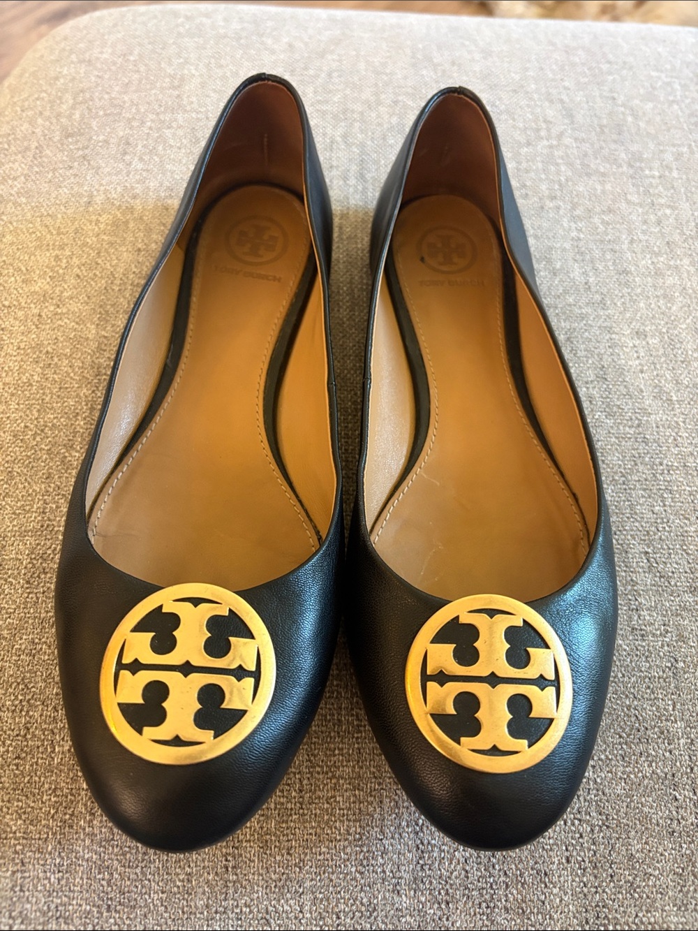 Tory Burch Black Leather Flats with Gold Logo Emblem
